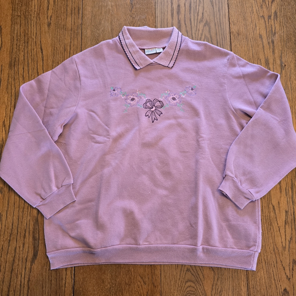Vintage 90s Haband Mauve Floral Embroidered Collared Sweatshirt XL